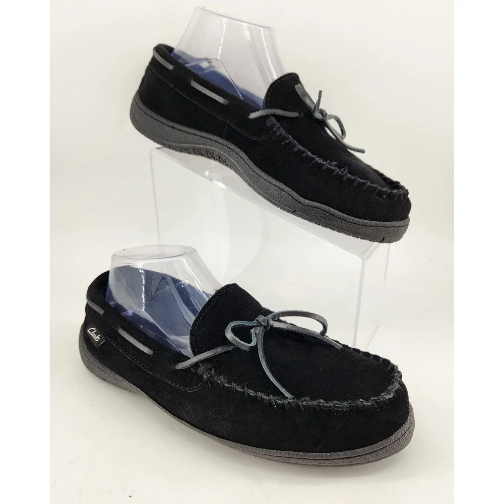 Clarks Moccasin Slippers Mens 9M Black Leather Suede Faux Fur Lined 22SH-011